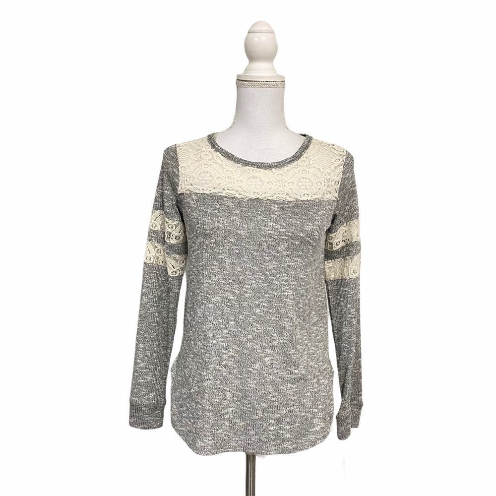 NEW! Small Gray Lace Neckline Long Sleeve Blouse